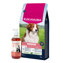 EUKANUBA Mature&Senior Mažų ir vidutinių veislių ėriena su ryžiais 12kg + LAB V Lašišų aliejus šunims ir katėms 500ml