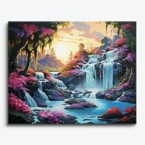 Tapybos pagal skaičius rinkinys „Saulėlydis prie krioklių“ (40×50 cm, be rėmelio) su aukštos kokybės akriliniais dažais.