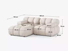 Velvet modulinė kampinė sofa - kairė, Bellis, 3 vietų, 188x155x70, geltona