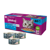 WHISKAS Adult paketėliai 40 x 85 g Fishy Treats - drėgnas maistas suaugusioms katėms drebučiuose (su lašiša, tunu, menke, balta žuvimi) + WILD FARM Mousse White Fish 3x85g