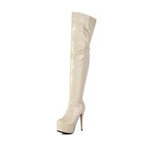 Sexy Thigh High Boots Women Winter Over the Knee Stretch Boots Patent Leather Thin High Heels Platform Shoes Back Split Design 35 smėlis