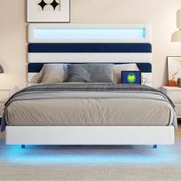 Lova 140 × 190 cm, su LED lemputėmis ir USB jungtimis, reguliuojamo aukščio galvūgaliu, balkšvos ir mėlynos, spalvos aksominė
