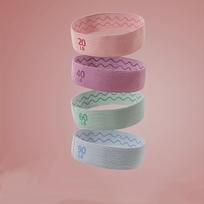 Universalus poliesterio fitneso pasipriešinimo diržas - vidutinės įtampos sporto juosta. ,  Dusk Pink 9,07 KG + Hibiscus Purple 18,14 KG + Baguio Blue 27,22 KG + Morning Mist Blue 40,82 KG