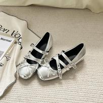 Niche silver bow Mary Jane shoes women's 2025 autumn new French flat ballet shoes jk small leather shoes 35 sidabras