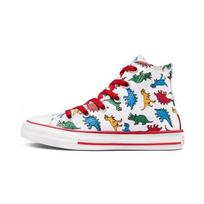 „Converse Chuck Taylor All Star Canvas“ dinozaurų rašto universalūs, patvarūs, aukštakulniai vaikiški drobiniai bateliai, vaikiški sportbačiai, balti ir raudoni A00928C 33