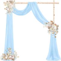 Elegantiškas poliesterio audinys su perlamutriniu mikrokibirkštėjimu vestuvių dekorui ir užuolaidoms 30x300 cm dangaus mėlyna spalva