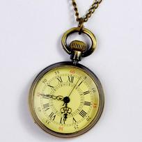 Retro Gold Roman Numerals Pocket Watch Necklace - Quartz, Medium, Round Dial (Model 6014) antikvarinės bronzos spalvos
