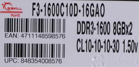 G.skill 16GB PC3-12800 Kit memory module 2 x 8GB DDR3 1600 MHz