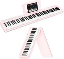 TERENCE skaitmeninis pianinas, muzikos instrumentas suaugusiesiems, su 88 mygtukais, 1800 mAh akumuliatoriumi, 2 x 25 W garsiakalbiu, sulankstomas pianinas, nešiojamas, palaiko "Bluetooth" ir MIDI sąsajas, rožinis