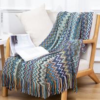 Bohemiška dryžuota kutuota megzta pledas sofai ar lovai 130x180 cm mėlyna