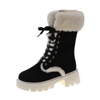 Fashion Shoes for Women Lace Up Women's Boots Winter Round Toe Plush Fleece for Warmth Middle Barrel Fashion Boots 36 juoda