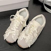 Fashion Casual Sports Shoes Ladies Footwear Sneakers New Spring Summer Pink Dress Flats Women's Shoes Lace Bowknot Chaussures Femme 38 smėlis
