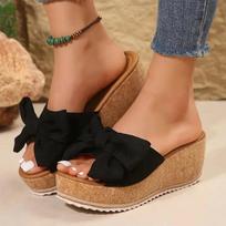 Fashion Women Wedge Slippers Leopard Print Bow Tie Slippers Platform Outdoor Sandals Summer Leisure Large Size Shoes Women Slides Women 36 juoda