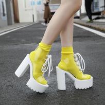 Fashion 14cm Summer New Women's Sandals Sexy Waterproof Platform Transparent PVC Lace-Up Chunky Heel High Heel Sandals stripper heels 34 balta
