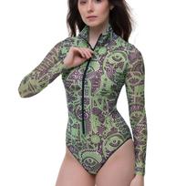 RODASOLEIL Doodling Green išmanusis maudymosi kostiumėlis ilgomis rankovėmis su užtrauktuku