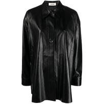 Marškiniai ilgomis rankovėmis moterims, Juoda, Leather ring-fastened shirt