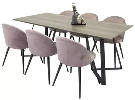 Marina Valgomojo stalas, pilka/juoda + kėdė 6 vnt., rusva