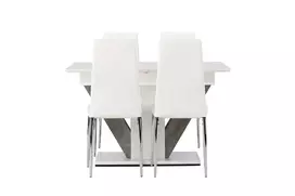 Disa valgomojo stalas 120/160*80 – baltas / pilkas MDF + Pastill valgomojo kėdė - sidabrinė / balta PU _4