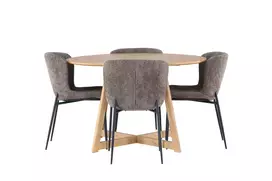 Valgomojo stalas Yakidon – Guminė mediena/Oaklook MDF + Modesto valgomojo kėdė – pilka/rūkyta juoda boucle _4