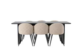 Vail Valgomojo stalas, juoda + Stitches kėdė 6 vnt., juoda/smėlio