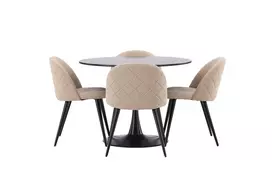 Glade Valgomojo stalas - juodas / juodas MDF + aksomo siūlių kėdė - juodas / smėlio spalvos audinys (poliesterio linas) _4