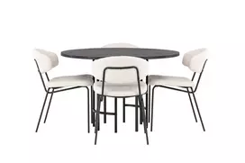 Valgomojo stalas Copenhagen, Juoda+4 kėdės Chico, Juoda/Balta Boucle