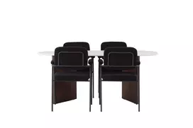 Valgomojo stalas Grönvik 180x75cm, Tamsi ruda/Balta+4 kėdės Vakar, Juoda/Juoda Boucle