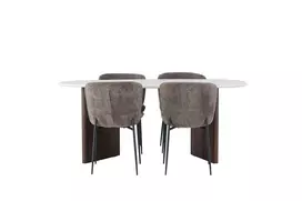 Valgomojo stalas Grönvik, 180x75cm, Balta/Moka + 4 kėdės Modesto, Pilka/Juoda