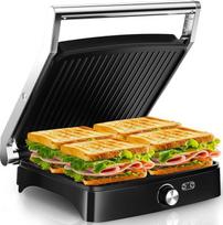 YASHE 2000W kontaktinis grilis, Panini kepsninė su 4 skiltelėmis, 180° atsidarymo kampu, nepridegančiomis plokštėmis, reguliuojama temperatūra, "Cool Touch" rankena, riebalų padėklas, sidabrinis/nerūdijančio plieno