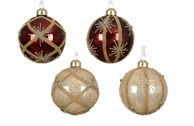 Stikl. kalėdinis eglės žaisliukas PALACE ORNAMENT, raudonos/auksinės sp., 4 rūšys, 8 cm