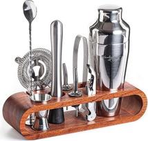 "Mixology & Craft Cocktail Set" (10 dalių) - elegantiškas kokteilių plakiklių rinkinys su nerūdijančio plieno plakikliu ir baro reikmenimis raudonmedžio mediniame stove - dekoratyvinis dovanų rinkinys - sidabrinis