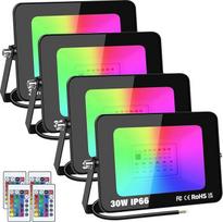 YOJZMA 4 pakuotės 30W RGB lauko LED prožektorių su nuotolinio valdymo pulteliu, 16 spalvų, 4 režimai, atminties funkcija, lauko / vidaus prožektorius, IP66 vandeniui atsparus neoninis LED prožektorius sodui, kiemui, vakarėliui