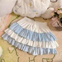 Cute Ruffled Mini Skirt Women Japanese Style Kawaii A-line Short Skirt Contrast Color Patchwork Skirts Y2k Clothing Harajuku S