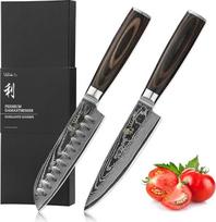 "Wakoli EDIB Essentials" virtuvinių peilių rinkinys - 12 cm ir 13 cm damasko peilių rinkinys iš 67 sluoksnių - medinė rankena - aštrūs peiliai dovanų dėžutėje ir apsauga nuo pirštų - virėjo peilis ir "Santoku" peilis - Virtuvės peiliai