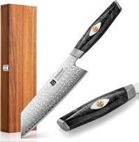 XINZUO Damasko plieno 18,7 cm Kiritsuke virėjo peilis 145 sluoksnių Damasko plieno virtuvės aštrus virėjo peilis - austriškas M390 miltelinis plienas - juoda anglies pluošto dervos rankena Akacijų medžio dovanų dėžutė