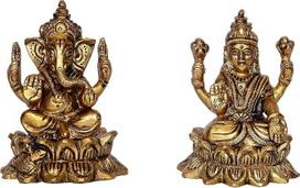 Purpledip Ganesha-Laxmi kietas žalvario statulėlė namų šventyklos biuro stalui ar parduotuvei Puja Mandir lentyna religinė dovana (10392)