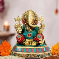 Purpledip retas gabalas Antikvariniai 2,6 kg žalvario Ganesh statulos su spalvotais brangakmeniais, Indijos dovanų metalo meno (10016)
