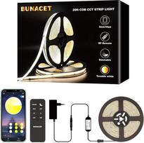 "Bunacet COB LED" juosta, 6 m, 24 V, reguliuojamas apšvietimas, šiltai balta, 3000-6500 K, šaltai balta, 3456 šviesos diodai, su maitinimo šaltiniu, nuotolinio valdymo pulteliu ir "Bluetooth" programėle, skirta virtuvės, miegamojo apdailai