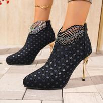 Fashion Luxury Glitter Leaf Decoration Ankle Boots Women 2025 Autumn Sexy Pointed Toe Super High Heel Party Booties Rear Zip Boots 35 mėlyna