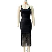New hip bandage dress temperament sexy long dress slim stitching fringed suspender skirt ironing glue women's clothing S juoda