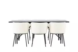Valgomojo stalas Astrid 200x75cm, Juoda+6 kėdės Edina, Juoda/BaltaBoucle