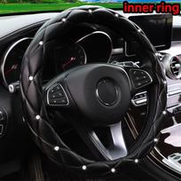 Minkštos odos siuvinėtas stereo deimantais puoštas automobilio vairo užvalkalas su vidiniu žiedu tinka 14,5-15 colių juoda
