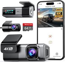 Automobilio priekinė galinė vaizdo kamera 4K + 1080P, "Navycrest" 5GHz "WiFi" prietaisų kameros su 64GB SD kortele, dviguba automobilio kamera su "Super Night Vision", WDR, G-jutiklis, 24/7 parkavimo stebėjimas, kilpos įrašymas, programėlės valdymas, maks