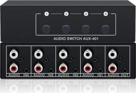 Garso jungiklis "4-in-1" RCA skirstytuvas ir jungiklis, 3,5 mm Aux skirstytuvas, pasyvus stereofoninių garsiakalbių jungiklis ausinėms, televizoriui, kompiuteriui (RCA/RCA skirstytuvas)