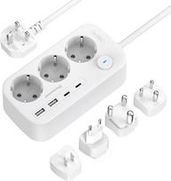 Kelioninis adapteris visame pasaulyje, kištukinis adapteris su 3 skyriais ir 4 USB (2 USB C), 1,5 m ilgio A/C/G/I/M/D tipo kelioninis maitinimo elementas Japonijai, Jungtinei Karalystei, Tailandui, Australijai, Europai, Pietų Afrikai