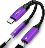 LAMSCAT USB C ausinių adapteris ir įkrovimo adapteris, "2-in-1" C tipo ir 3,5 mm lizdo adapteris, palaiko PD 60 W greitąjį įkrovimą, skirtas "Samsung Google", "Huawei" ir kt. (violetinės spalvos)