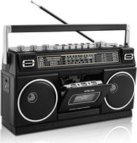 Retro klasikinio 80-ųjų stiliaus nešiojamasis "Boombox" su kasetiniu magnetofonu, AM/FM/SW1/SW2 radiju, "Bluetooth" transliacija, USB/SD, AUX, 2 stereofoniniais garsiakalbiais, 24 W dvigubais pilno diapazono aukšto žemo dažnio garsiakalbiais