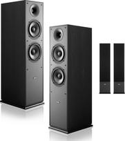 VEVOR pora dvipusių grindų garsiakalbių su 1" aukštų dažnių garsiakalbiu, dviem 6,5" žemų dažnių garsiakalbiais, 400 W maksimali galia, 65 Hz-20 kHz dažnio atsakas, tvirtas MDF korpusas, skirtas namų garso aparatūrai, pora