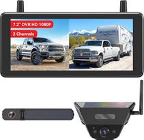 "AUTO-VOX" dviguba saulės atbulinės eigos belaidė kamera su fiksuota ir lanksčia kamera, 7,2 colio 1080P HD dviejų kanalų monitorius su įrašymo funkcija, IP69K vandeniui atsparus, skirtas nameliams ant ratų, kemperiams, sunkvežimiams, priekaboms