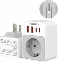 TESSAN USA Adapter Socket, 5 in 1 Travel Adapter USA with 2 USB C and 2 USB A, Small Folding Design, 1875 W Adapter USA Germany Plug, 20 W USB C Quick Charge, Travel Plug Type B for Canada